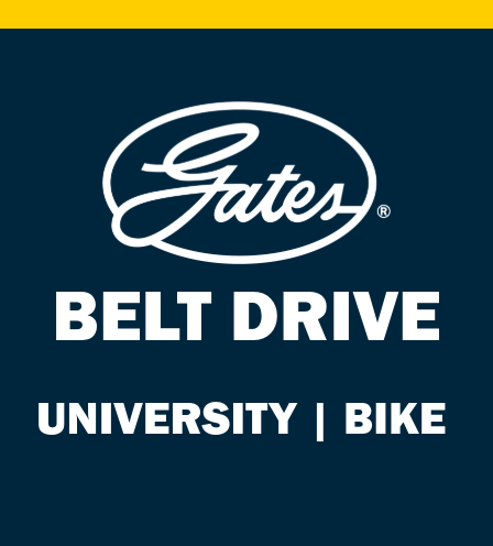 Gates logo with text reading “Belt Drive University | Velo” on a dark background with yellow accent.
