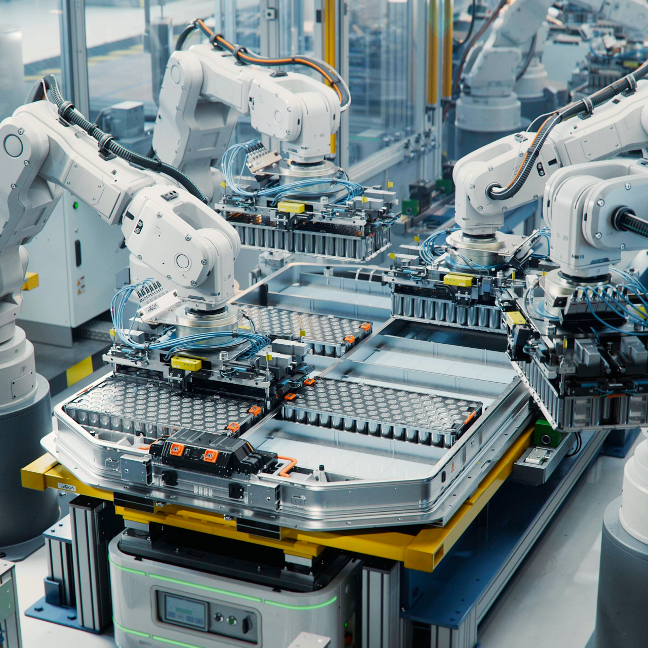 Industrial Robot Arms Assemble Lithium-Ion EV Battery Pack