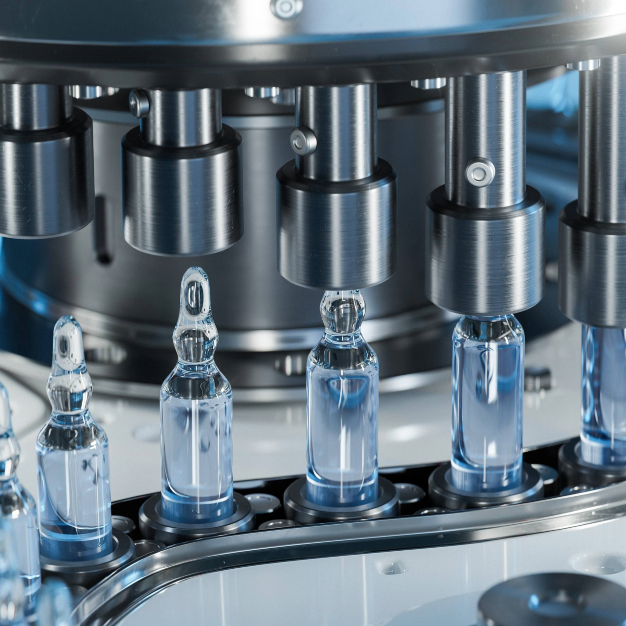 Close-up of Medical Ampoule Production Line at Modern Modern Pharmaceutical Factory.